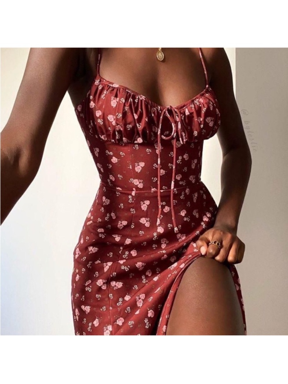 House of CB Burgundy Floral Maxi Dress with Side Slit - Picture 3 of 15